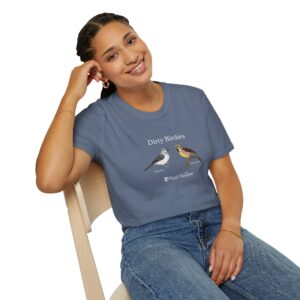 girl wearing dirty birdies shirt - heather indigo